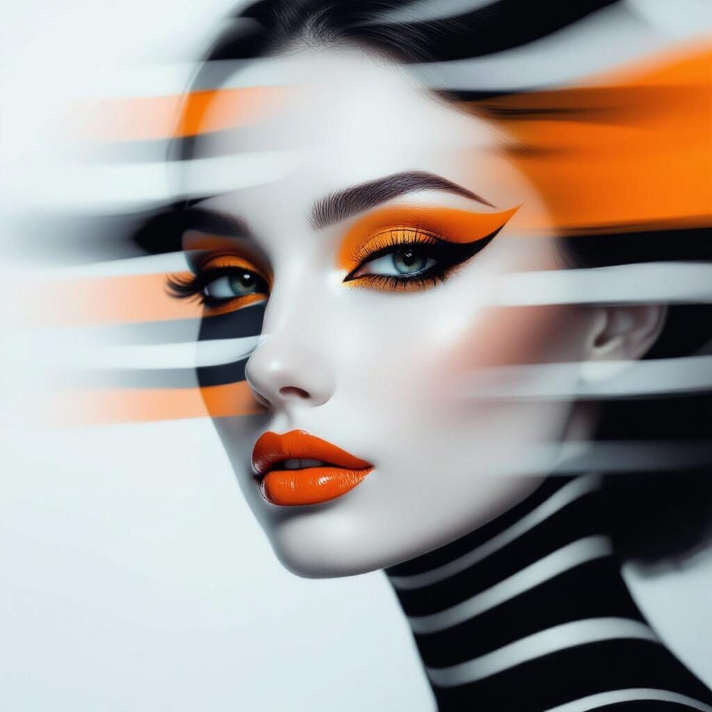 Elegant Face with Striped Blur on White Background