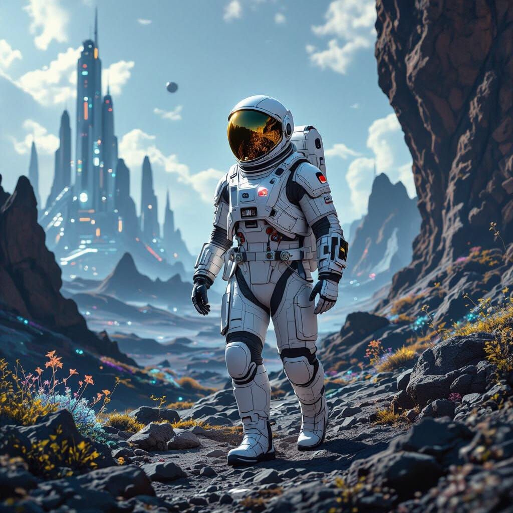 Astronaut Explores Alien Planet with Futuristic City