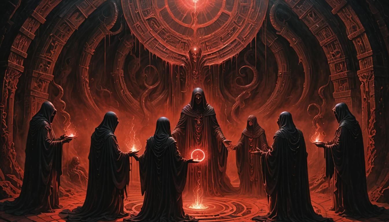 Forbidden Ritual in Dimly Lit Chamber