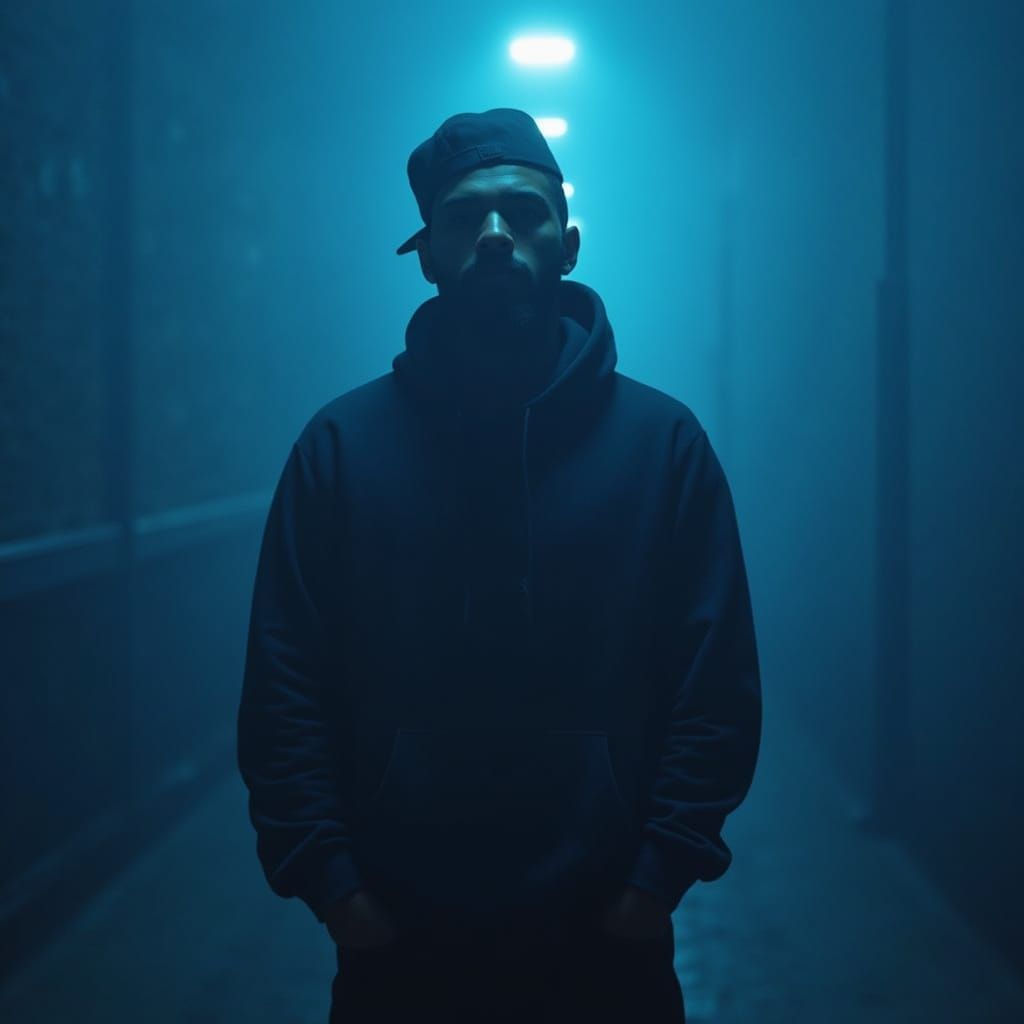 Moody Rapper Portrait in Vast Blue Space