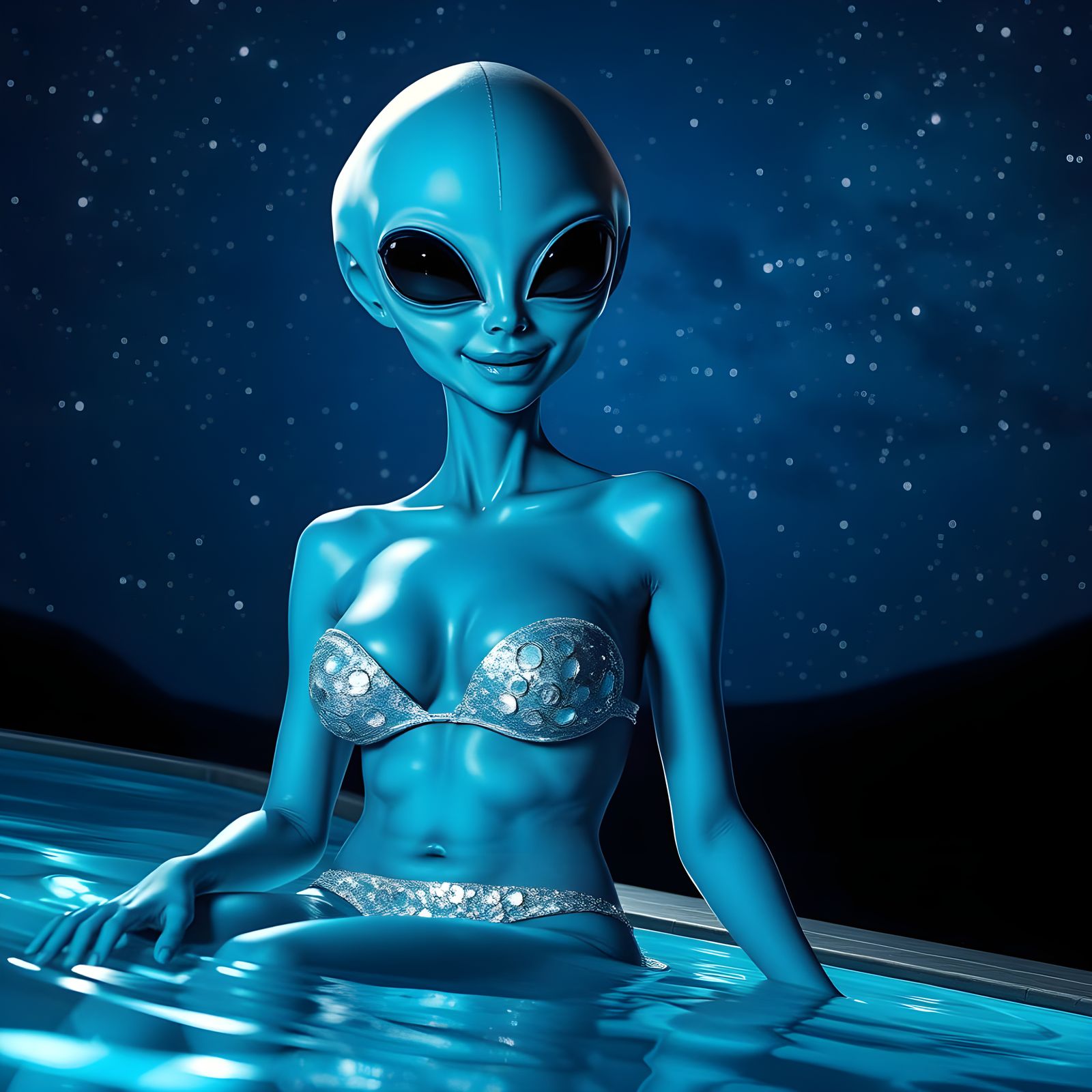 Blue Skinned Alien Woman Sunbathing Under Stars