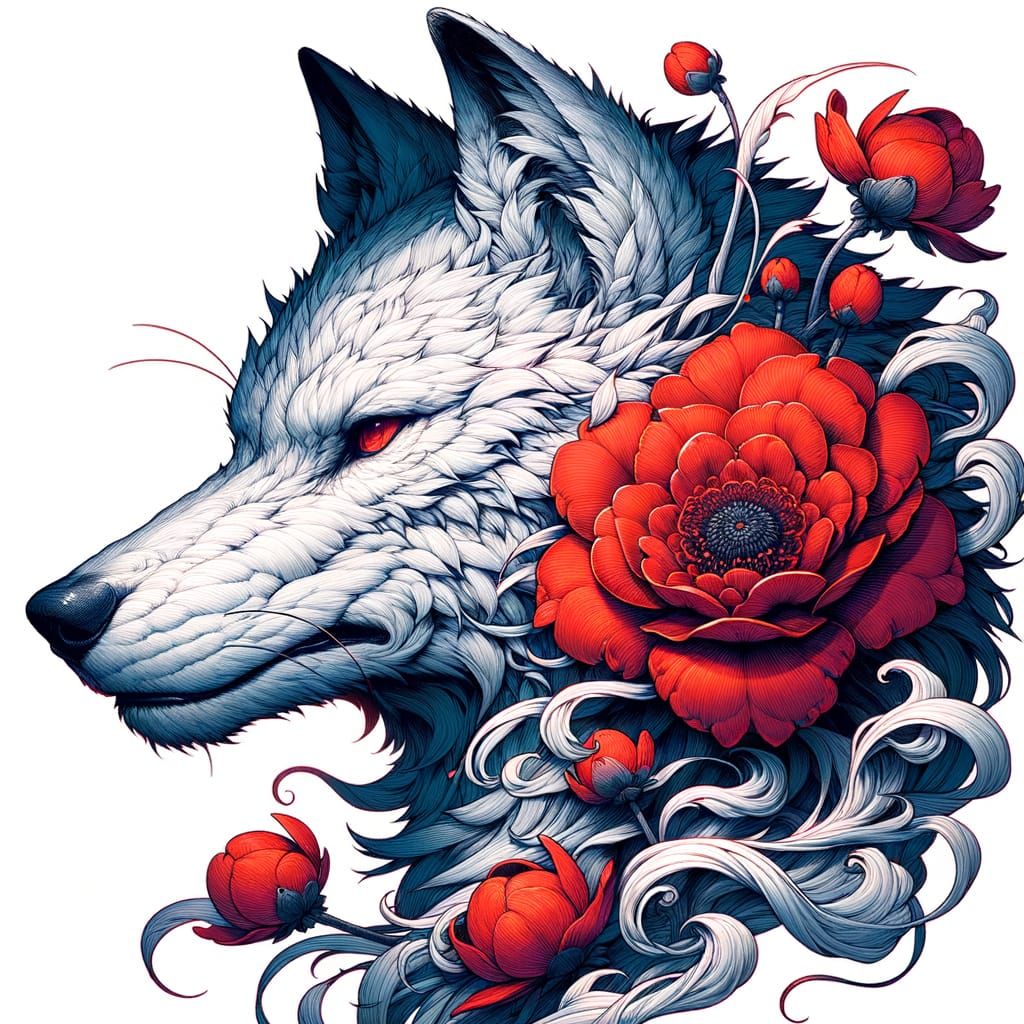 Wolf Head with Gentle Ren Flower in Traditional Manga Style