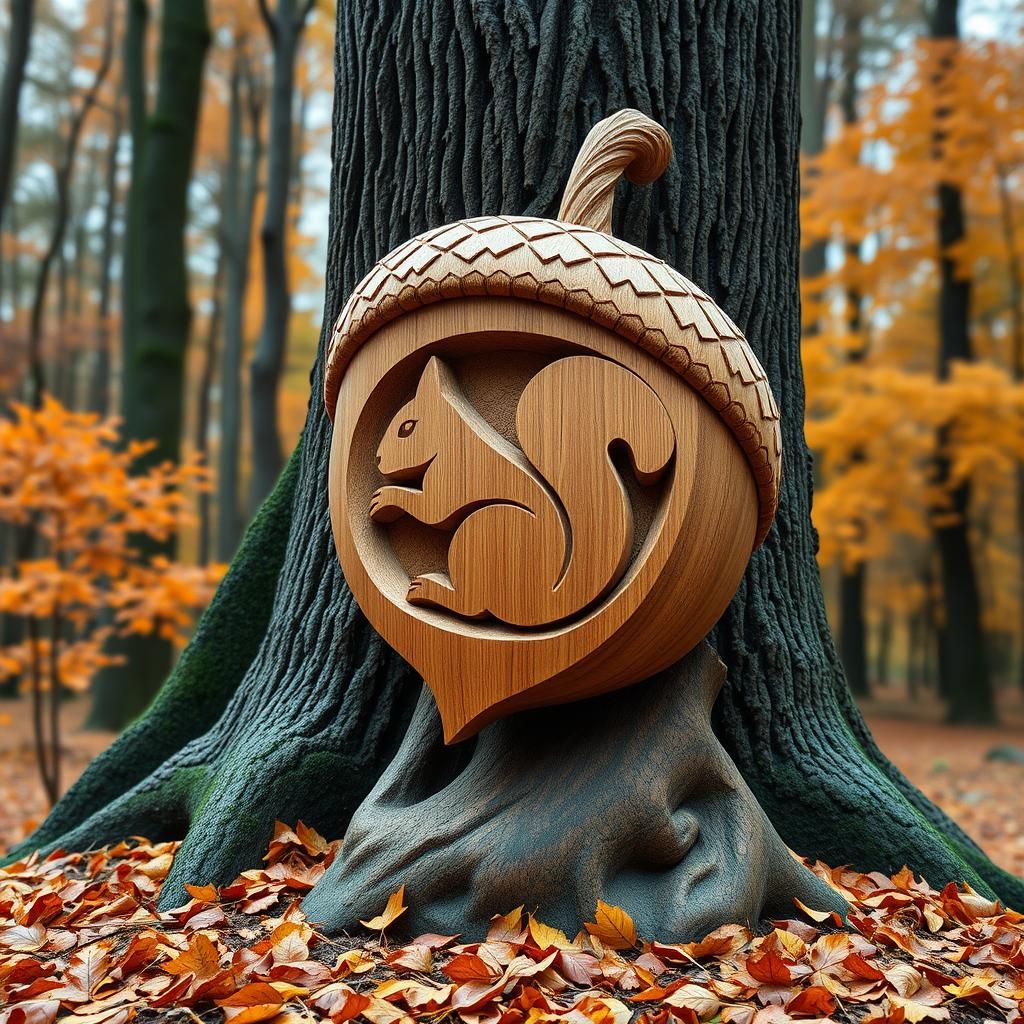 Wooden Acorn Sculpture with Squirrel Insignia