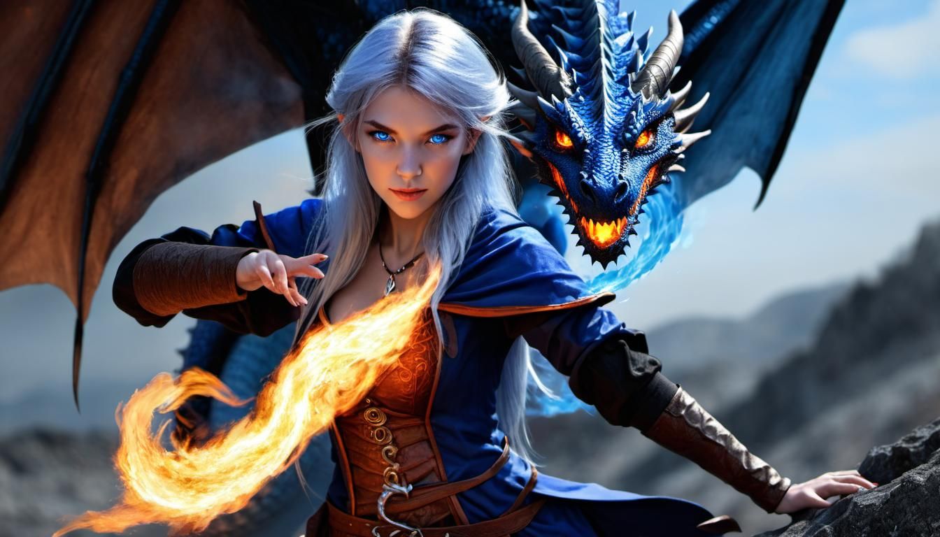 Elemental Mage and Dragon in Photorealistic Detail