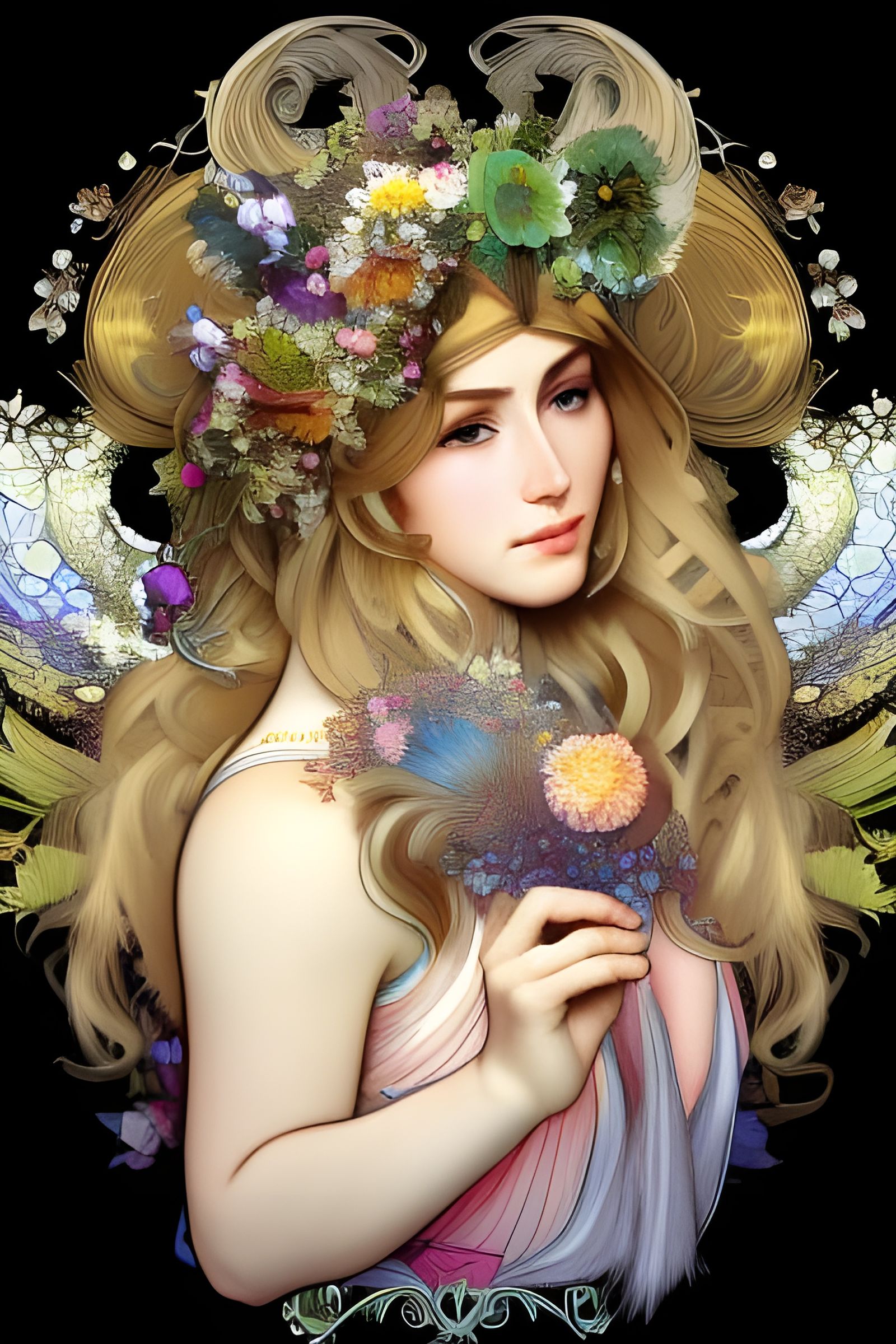 Majestic Flower Goddess Portrait in Art Nouveau Style