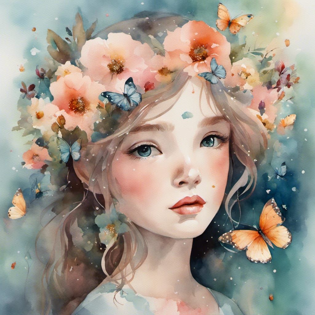 Dreamy Portrait with Flowers in Watercolor Gouache Style