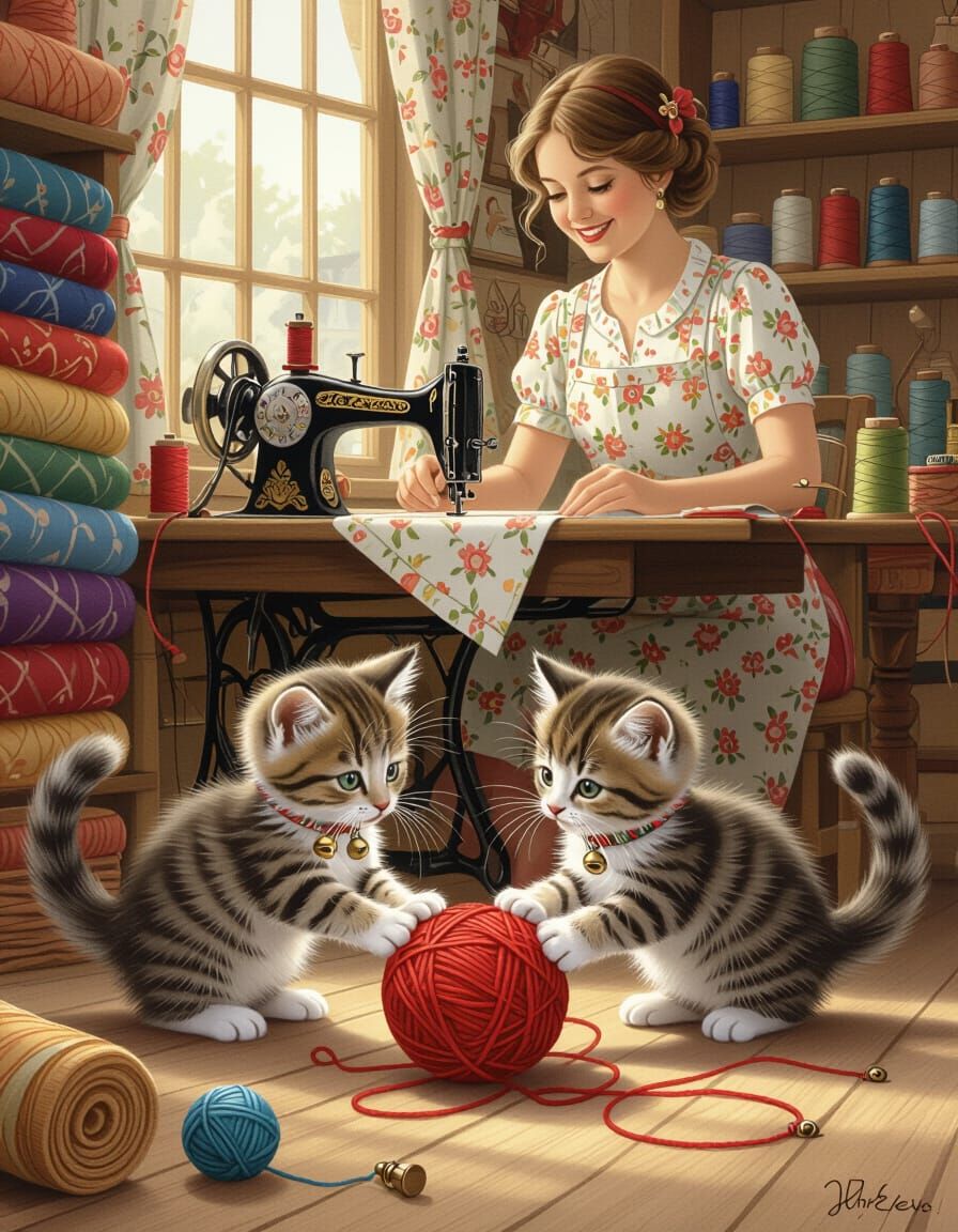 Kittens Play in Cozy Tailor Shop, Illustrated Style