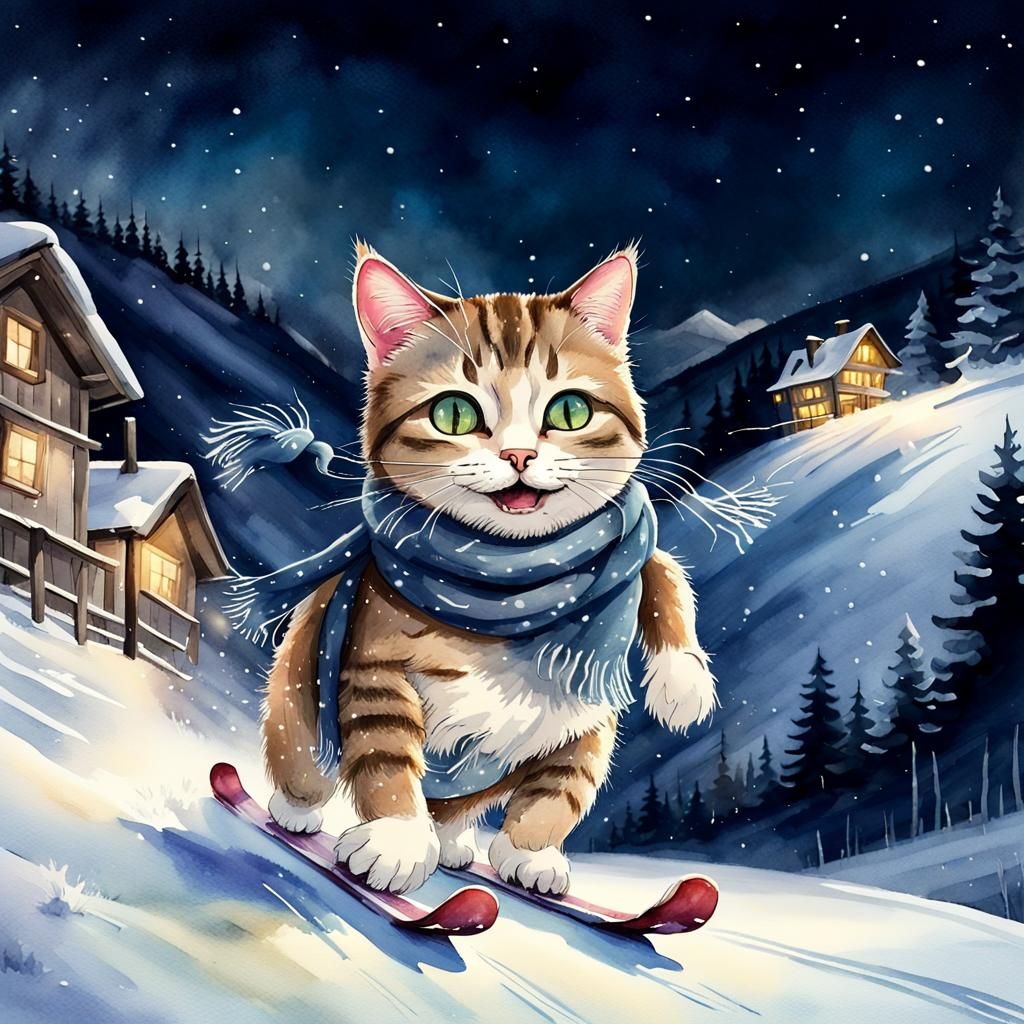 Happy Cat Skiing at Night in Watercolor Style