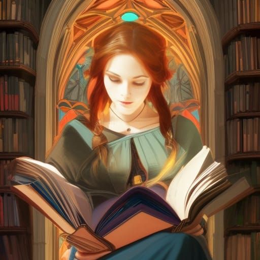 Kawaii Woman Reading in Gothic Library