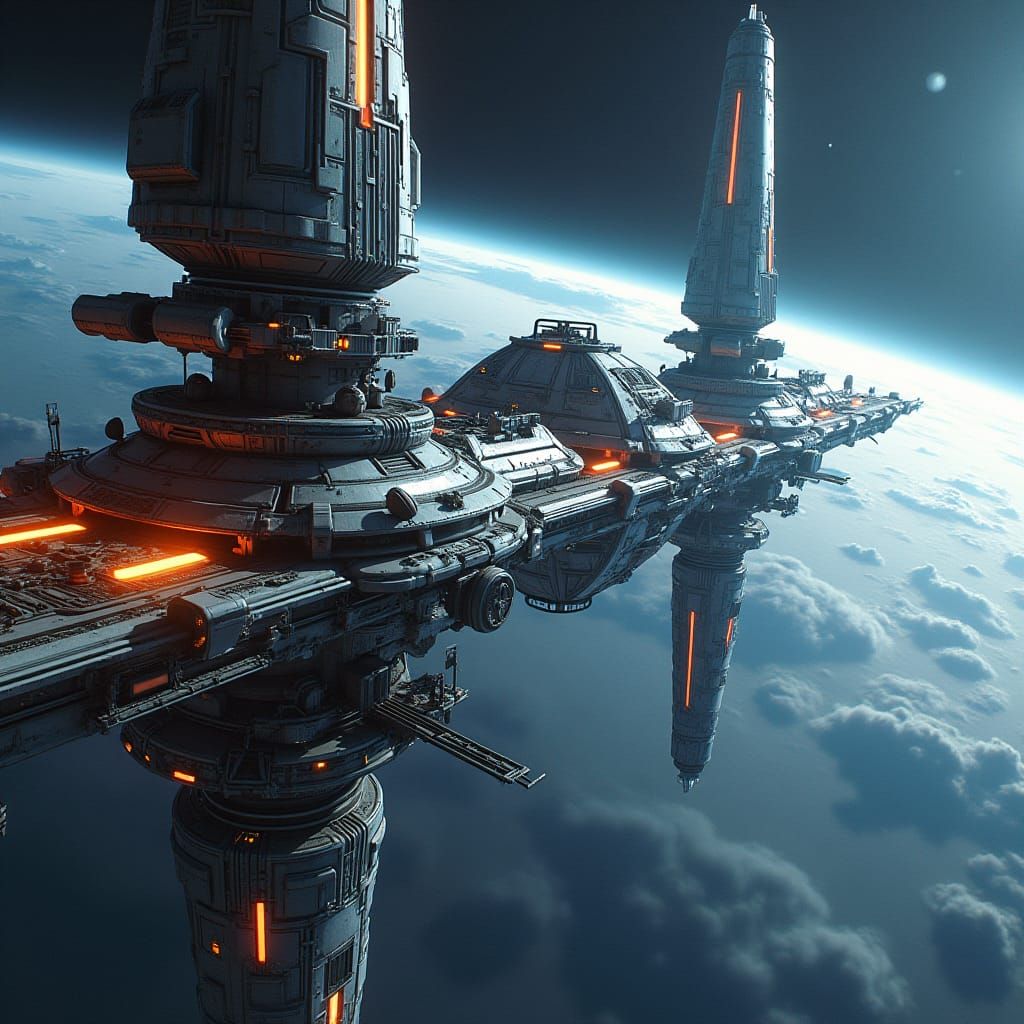 Intricate Space Station in Nebula: 8K Sci-Fi Techno-City
