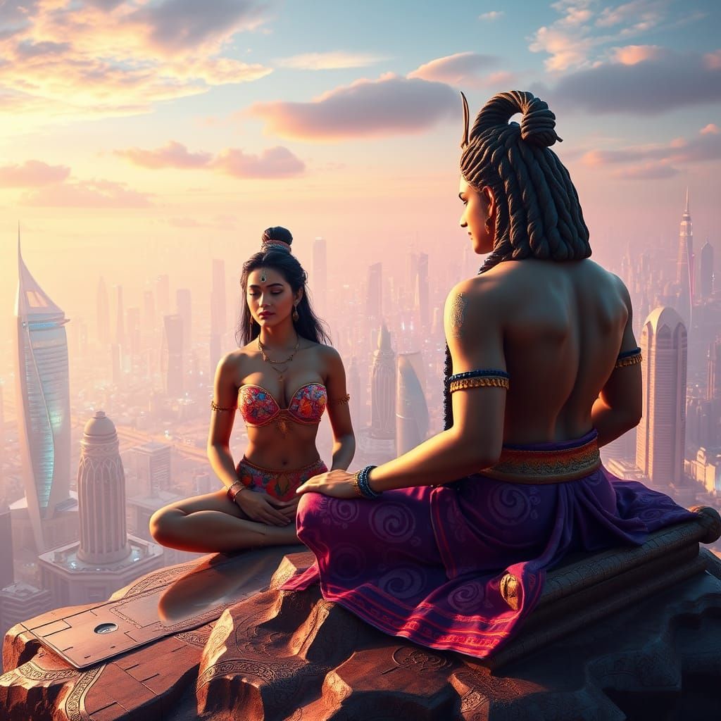 Meditating Woman and Shiva in Cyberpunk Sky Town