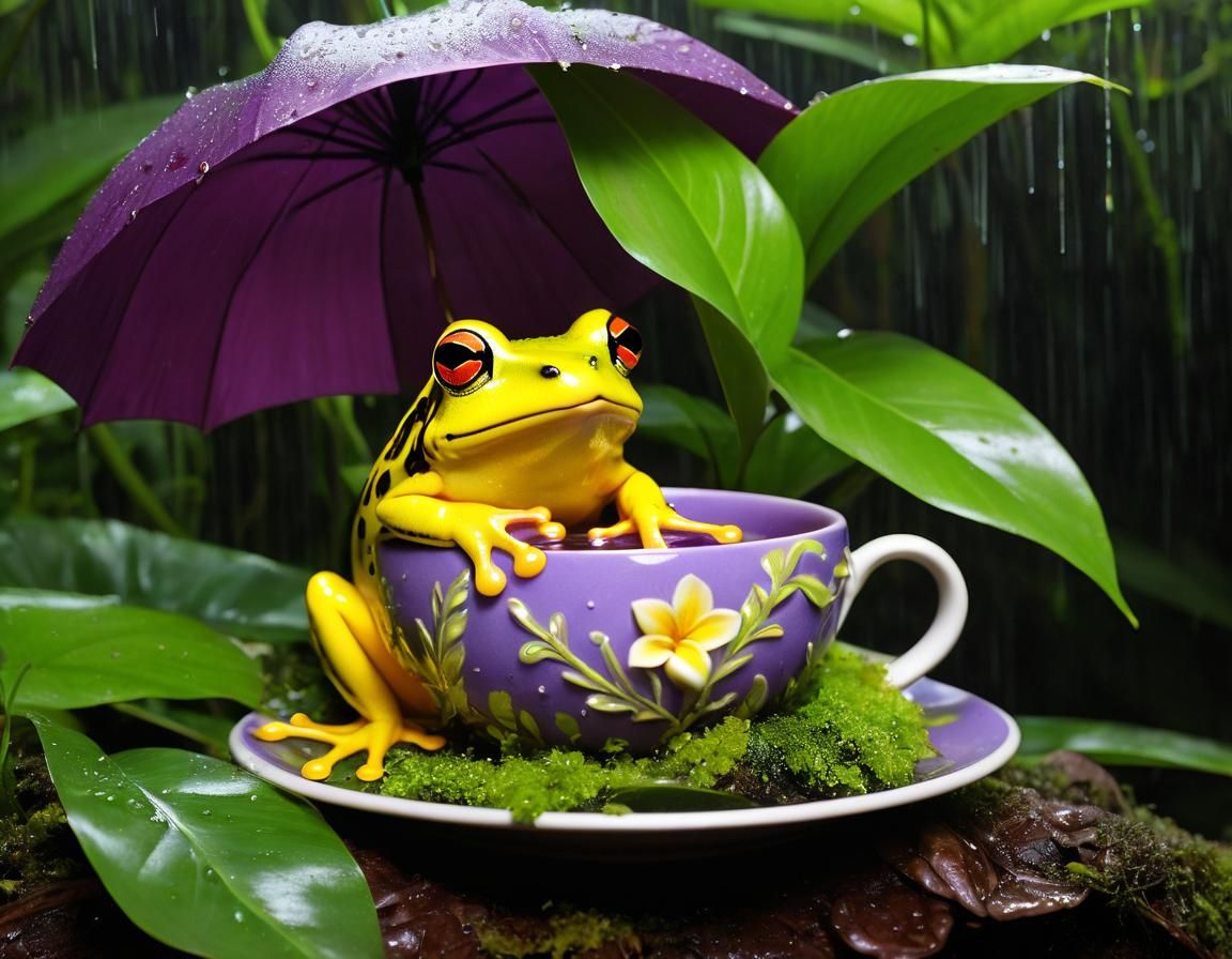Frog Sipping Tea During Rainstorm, Wet-on-Wet Painting