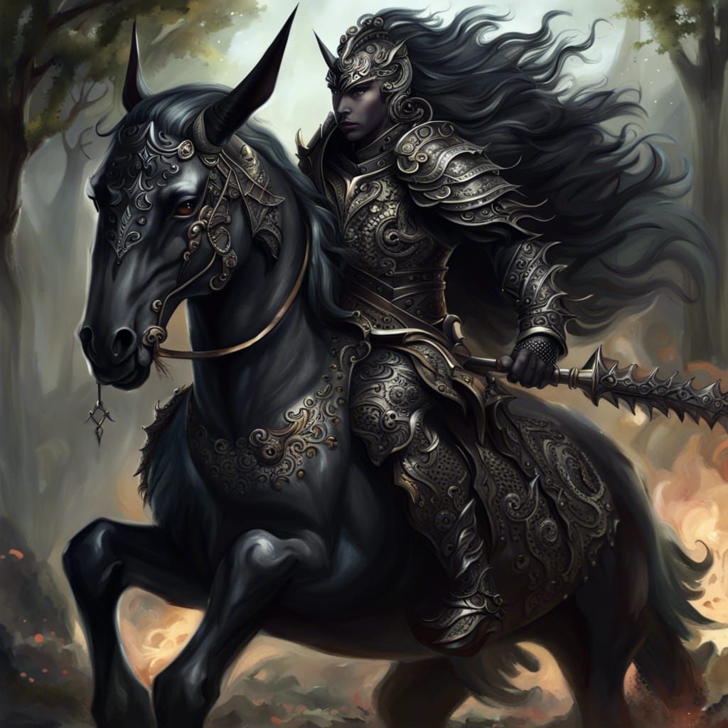 Black Unicorn Warrior in Epic Fantasy Battle