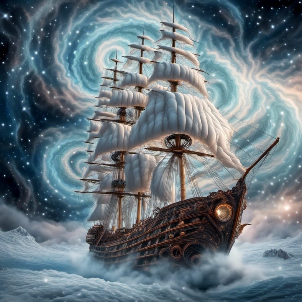 Steampunk Tall Ship Soaring Through Winter Storm
