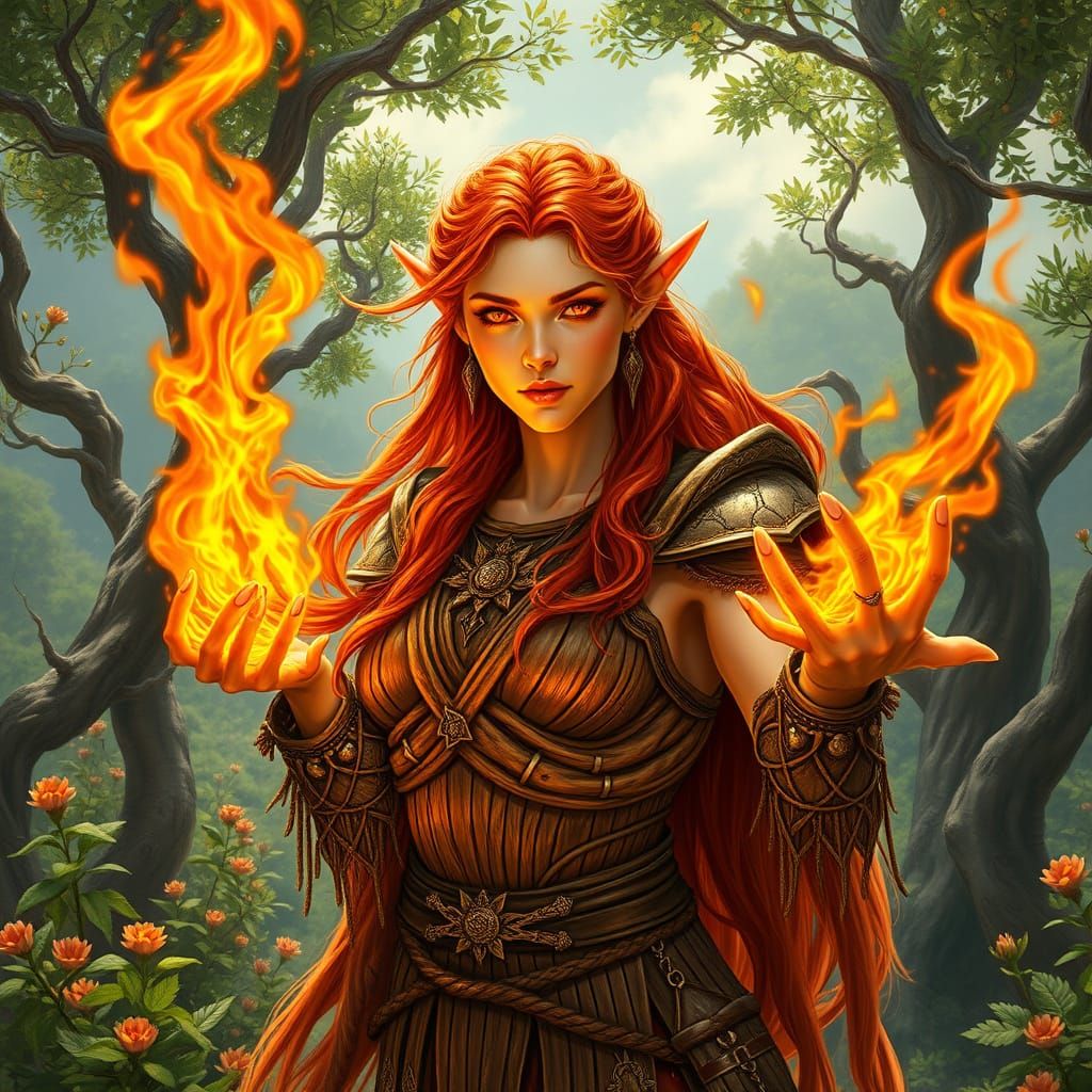 Regal Elven Druidess Ignites Summer Landscape