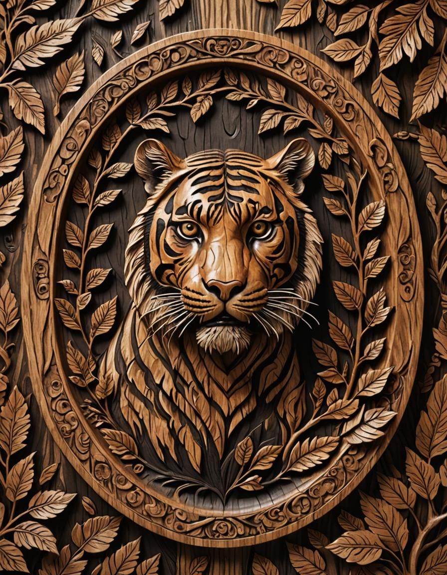 Intricate Wood Carving of a Tiger in Forest