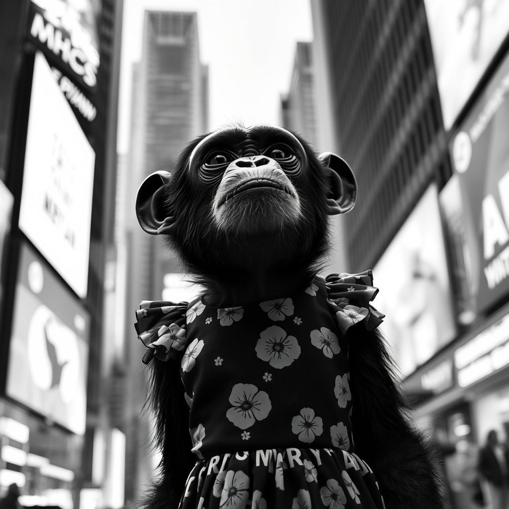Hyperrealistic Chimpanzee in 1950s Floral Dress Gazing at Ti...