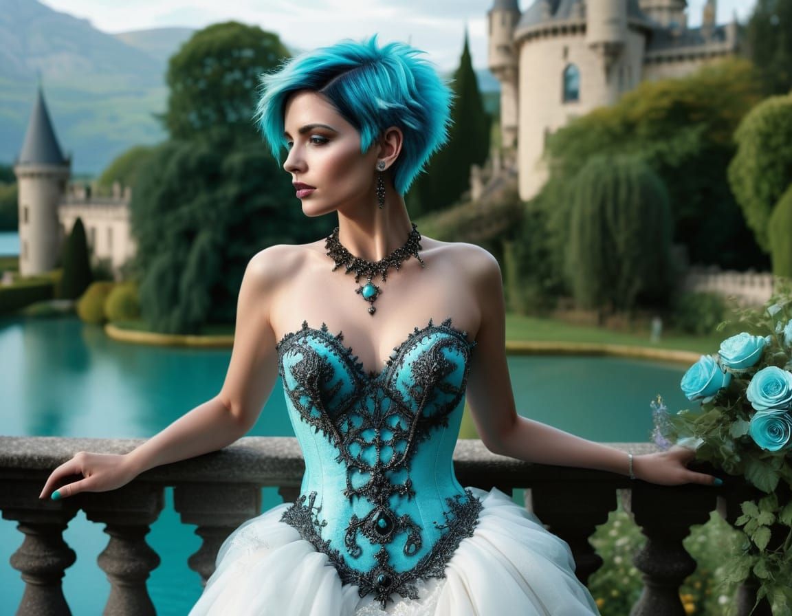 Gothic Bride with Turquoise Hair on Castle Balcony