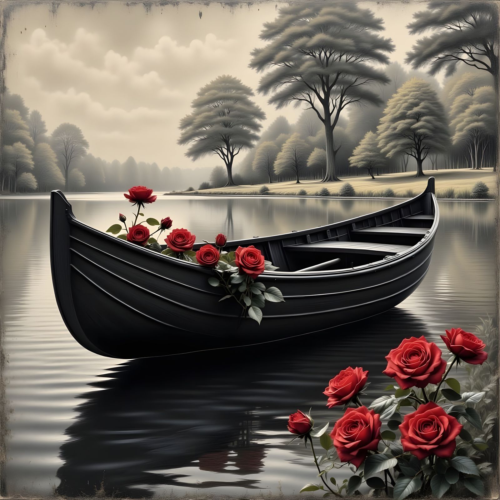 Elegant Rose Boat in Charcoal and Pencil Style