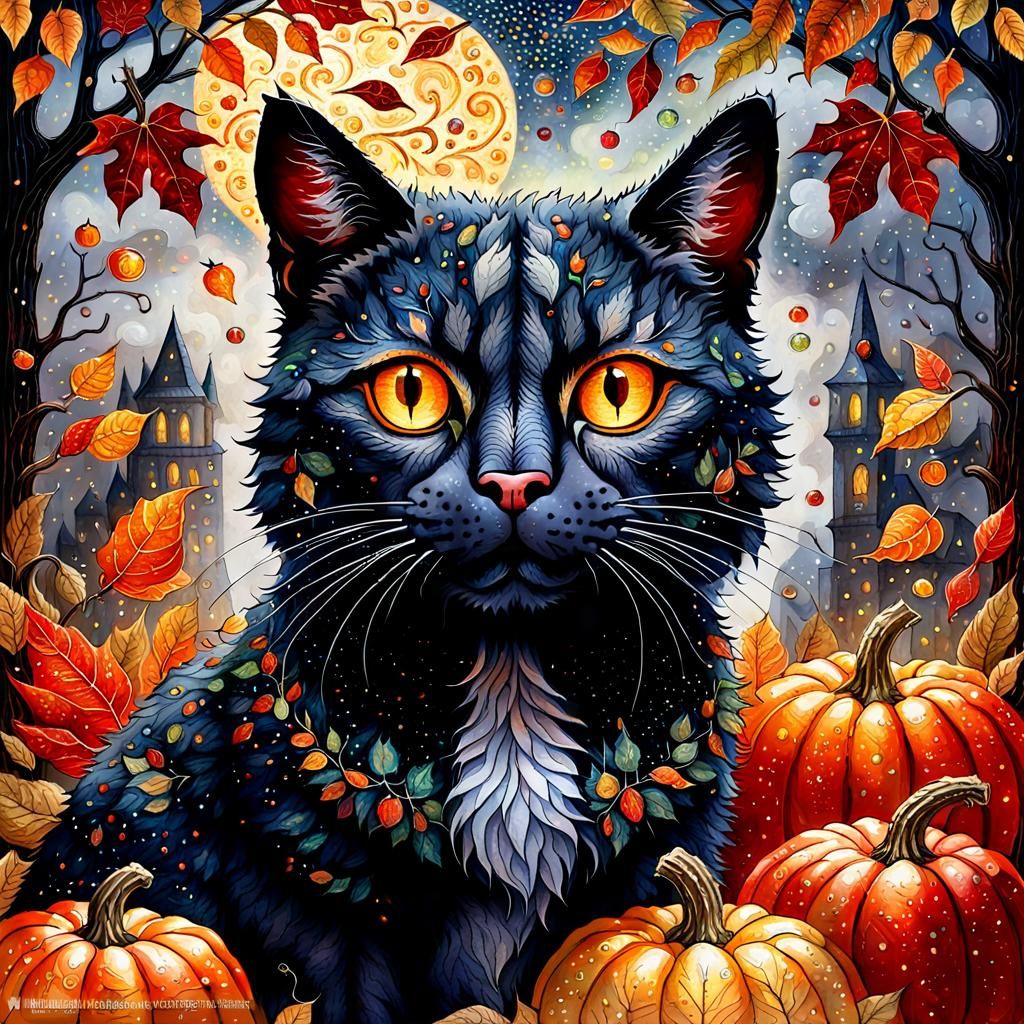 Autumnal Pointillist Cat Portrait with Gemstone Eyes
