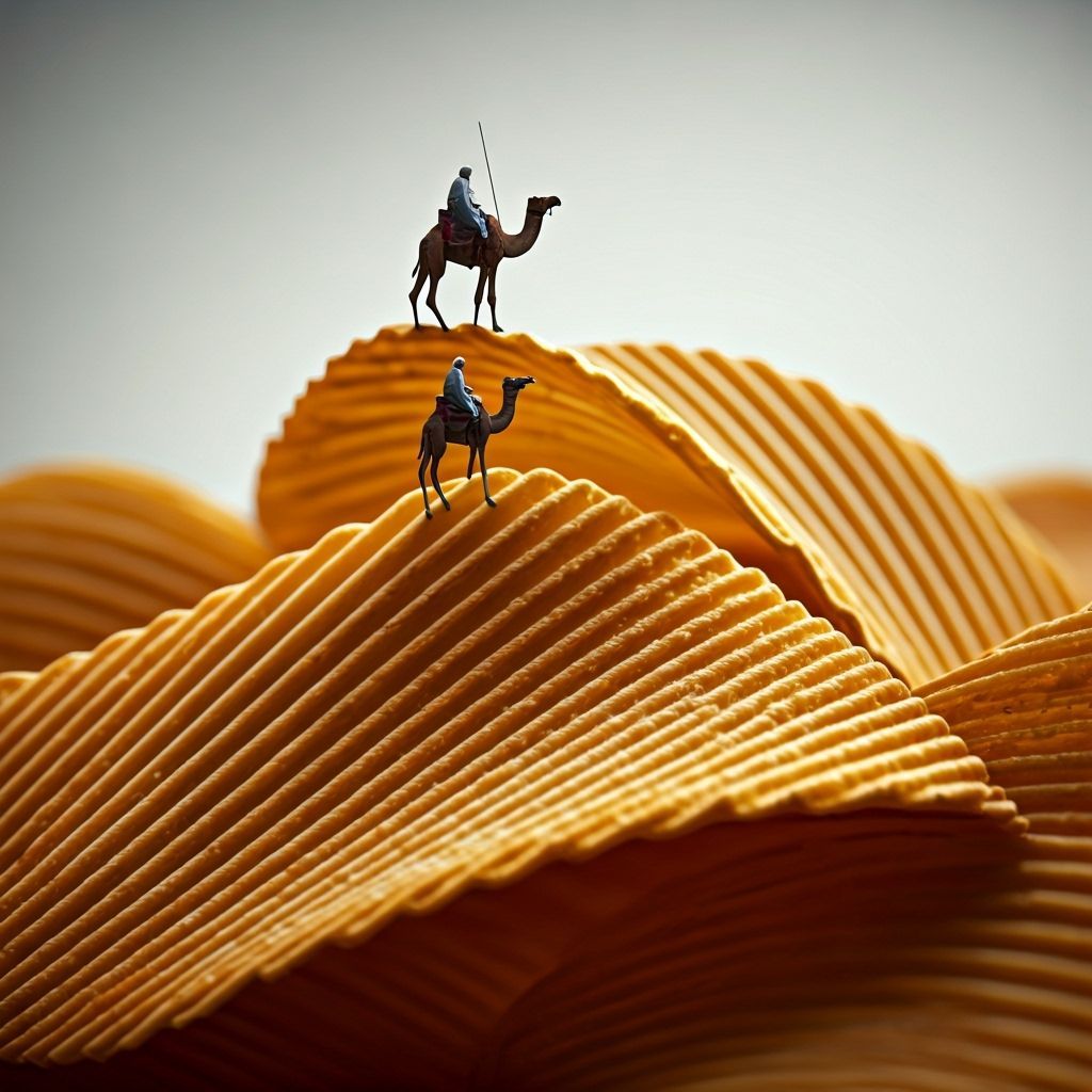 Nomads Ride Camels Across Potato Chip Dunes