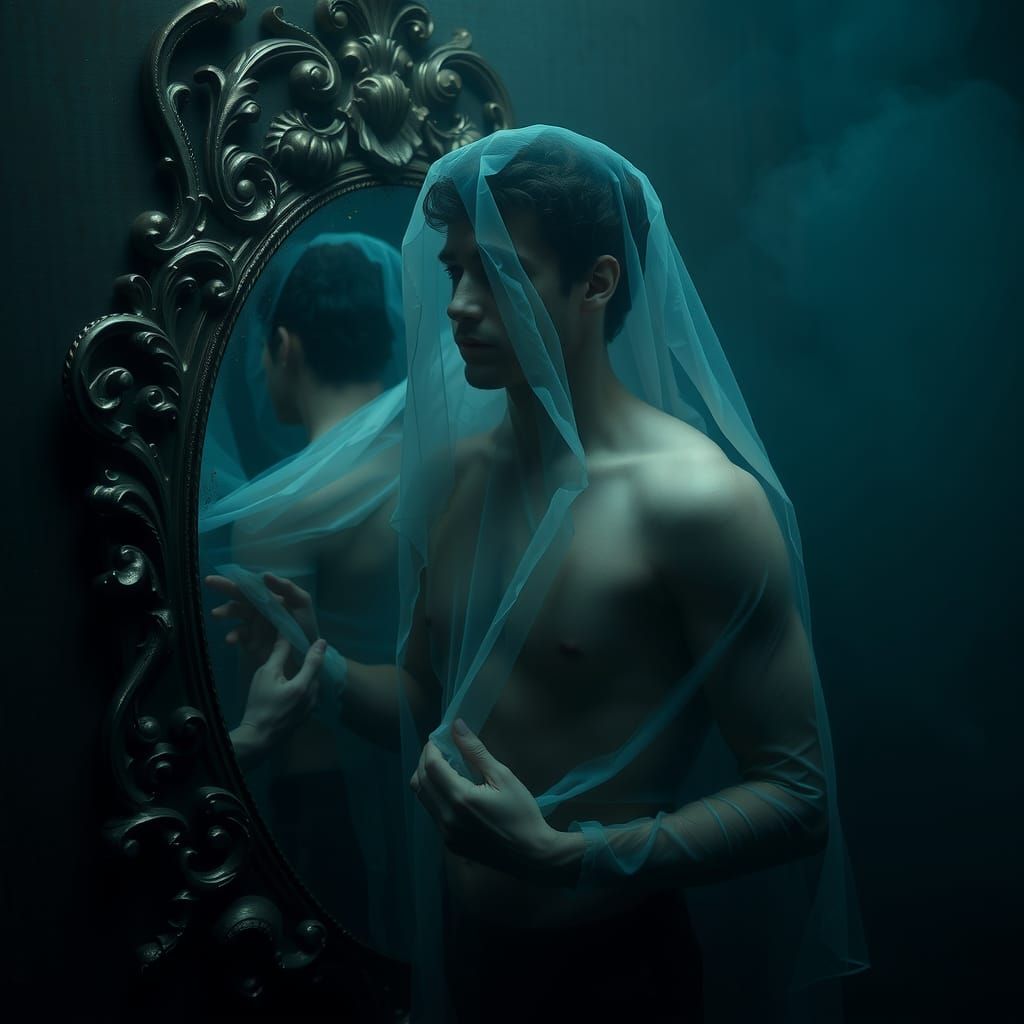 Spectral Man in Rococo Mirror, Tenebrism Art