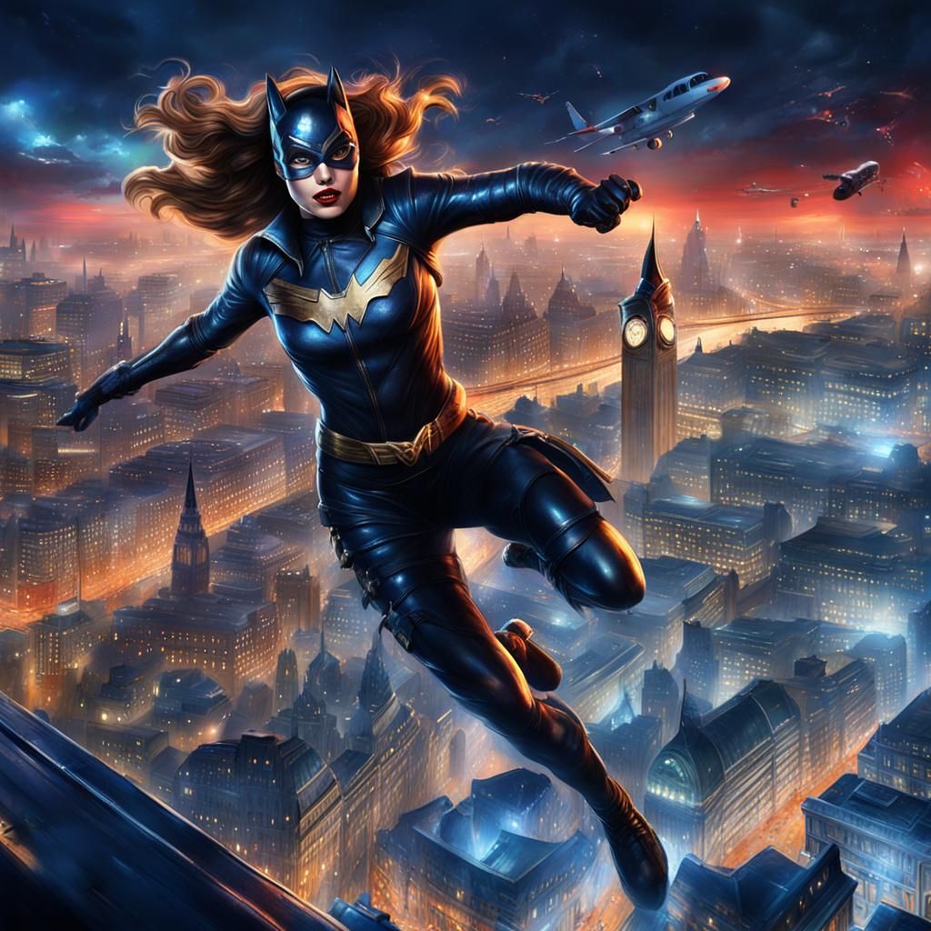 Catwoman Skydiving Over London: Detailed Matte Painting