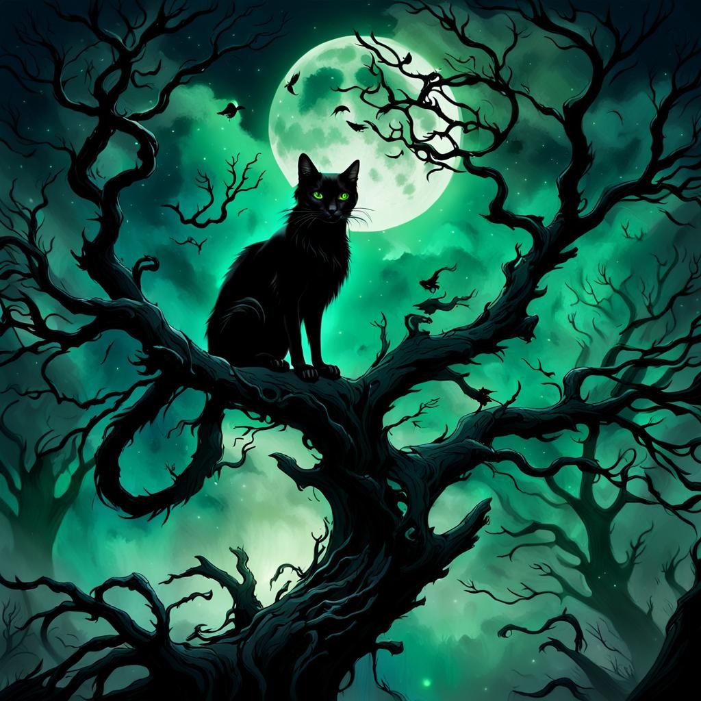 Black Cat in Dark Fantasy Landscape