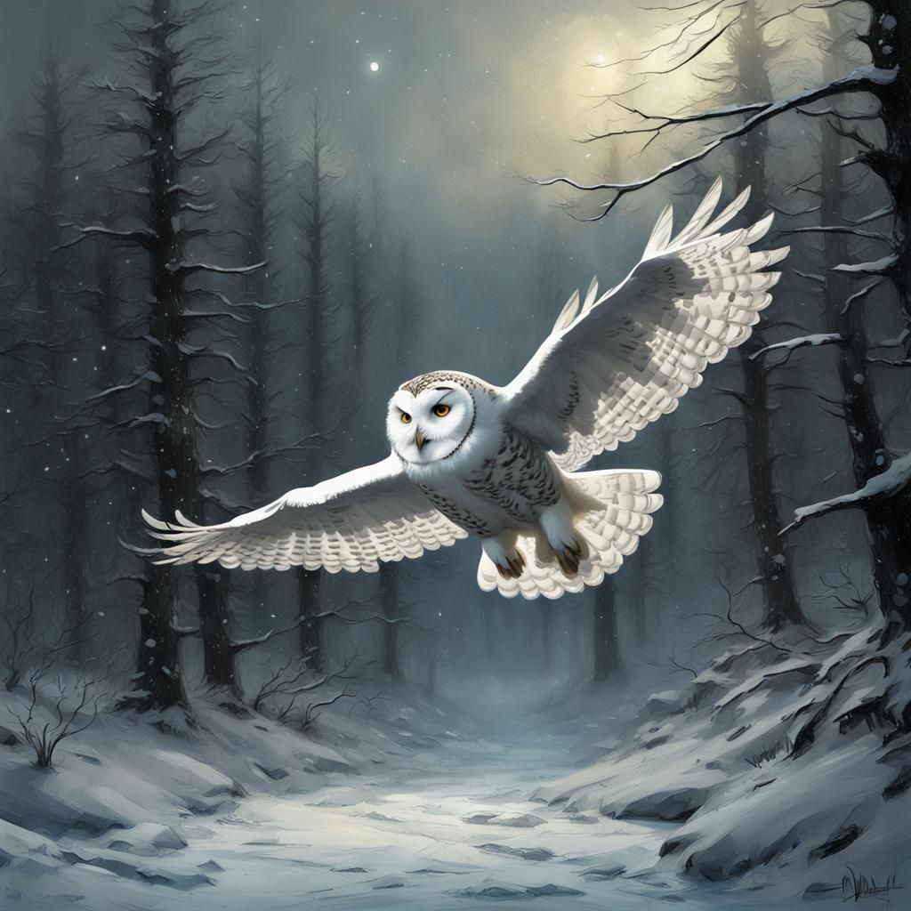 Snow Owl Flight at Night: Matte Painting