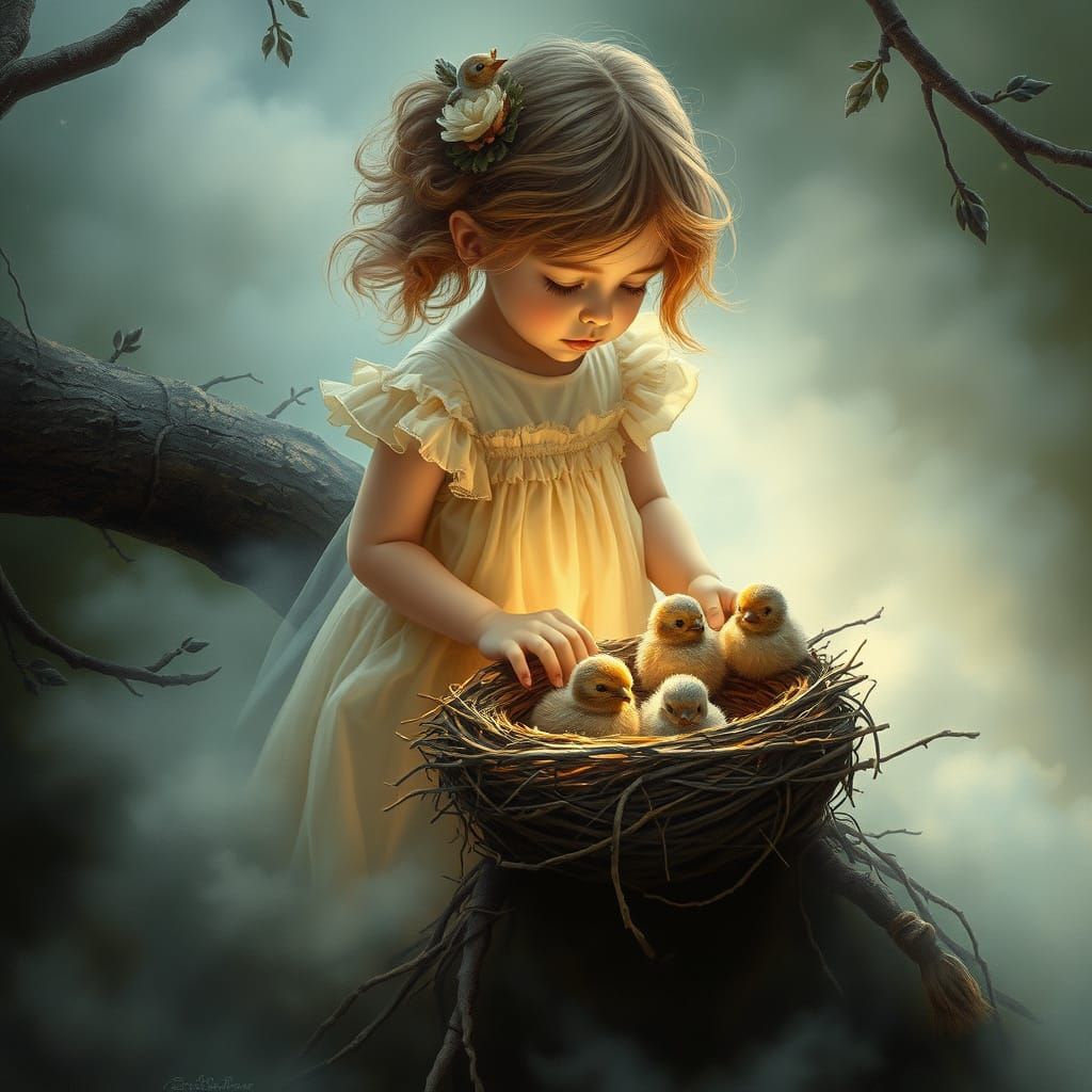 Magical Discovery: Girl Finds Bird Nest in Fantasy Forest
