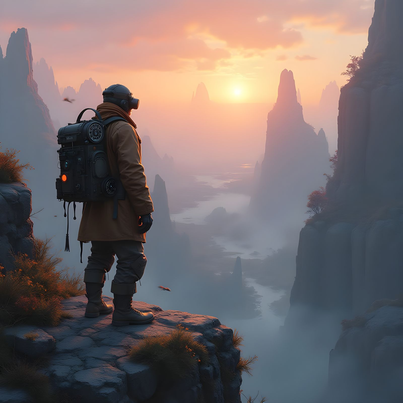 Steampunk Explorer in Valley of Glowing Rocks