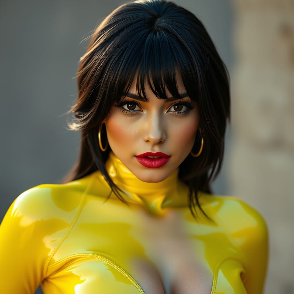 Hyper Realistic Portrait of a Dark Haired Latina in Yellow L...