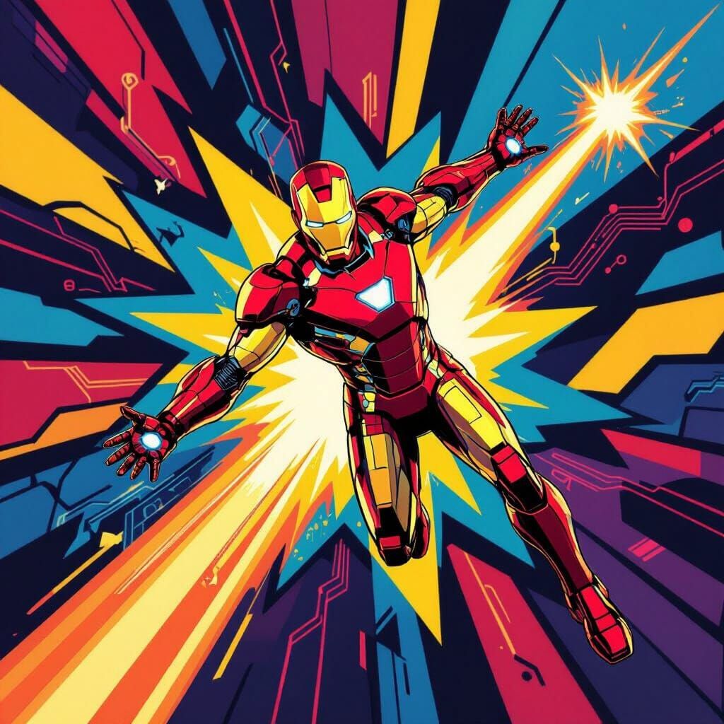 Dynamic Iron Man Pop Art Soaring in Geometric Sky
