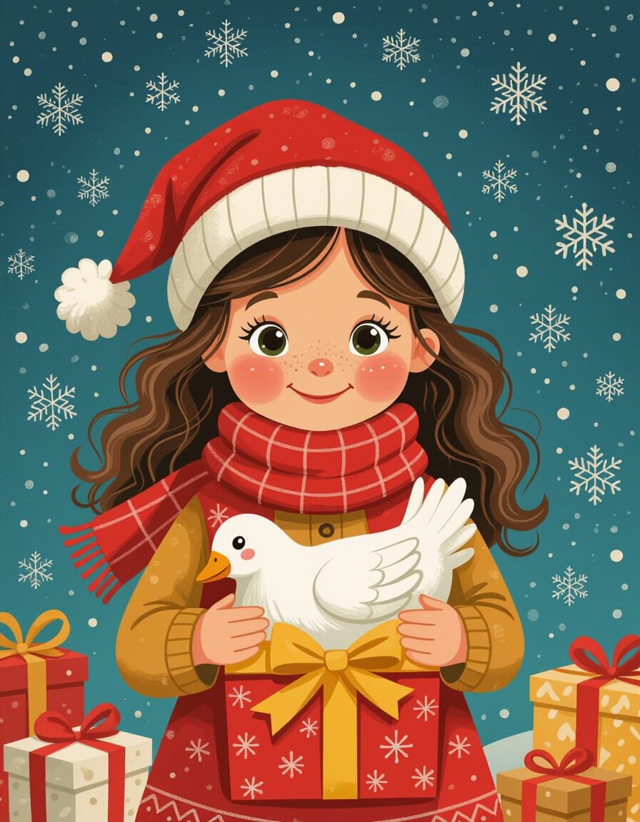 Girl Unpacks Christmas Goose Gift in Cozy Children's Book St...