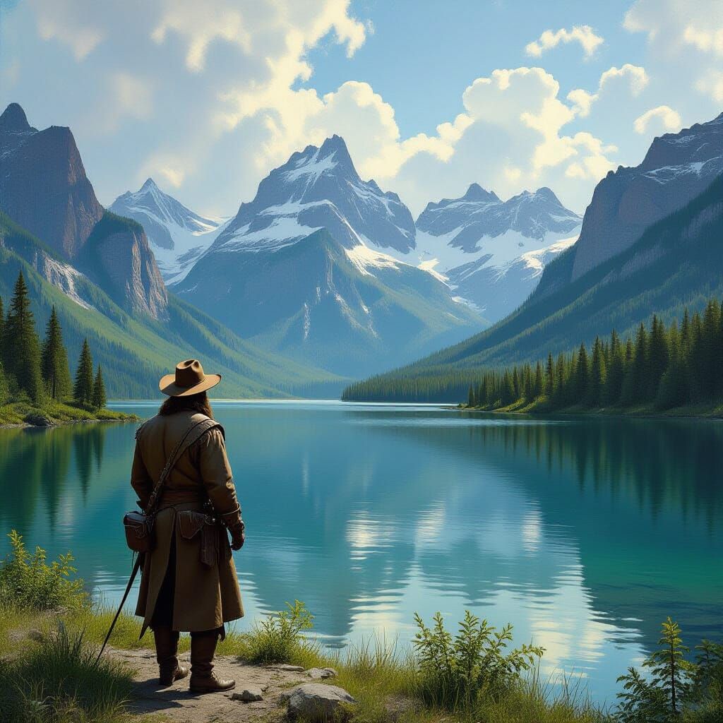 Frontier Figure by Serene Lake, Wilderness Mountains