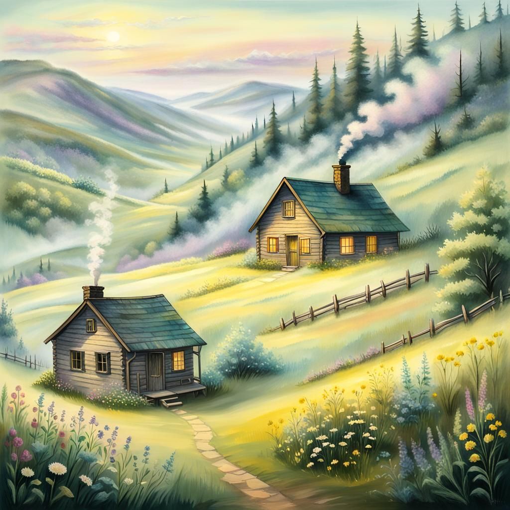 Idyllic Cabin in Chalk Pastel Landscape