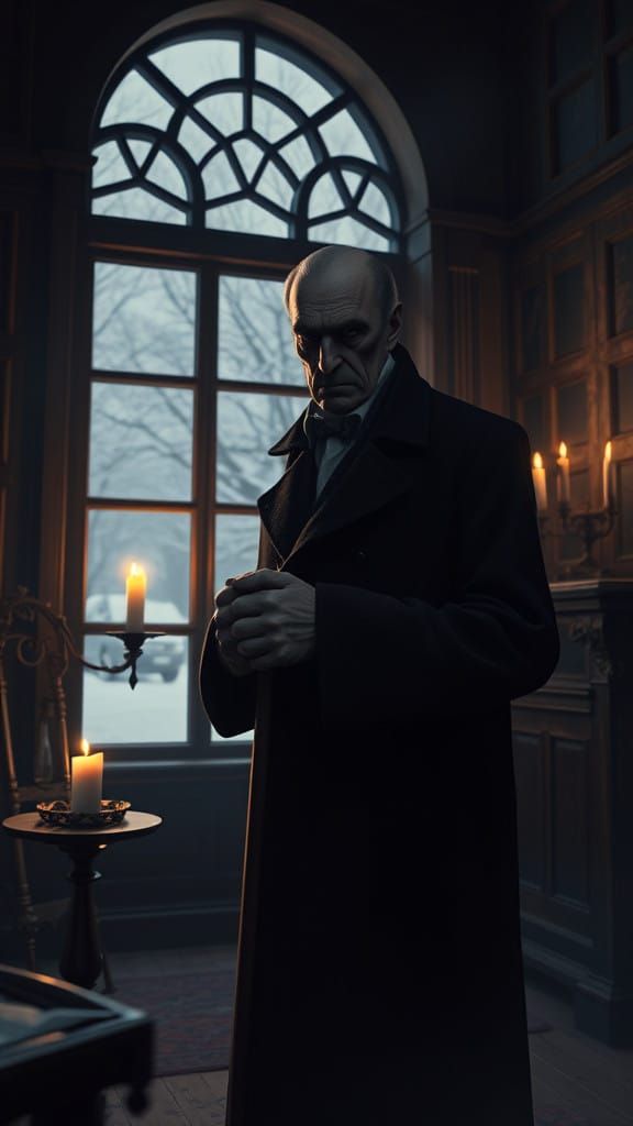 Ebenezer Scrooge in a Grim, Snowy London Street