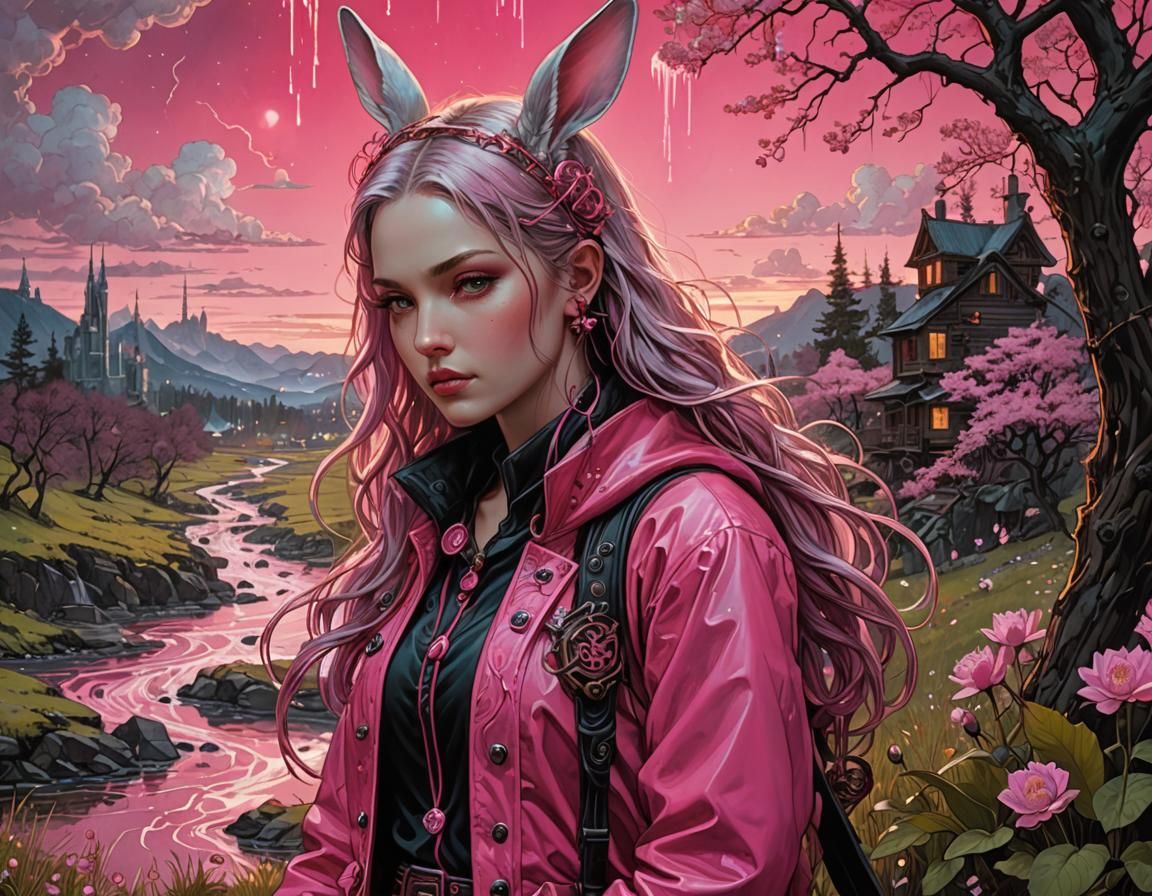 Cyberpunk Figure Overlooks Sunset in Ethereal Landscape