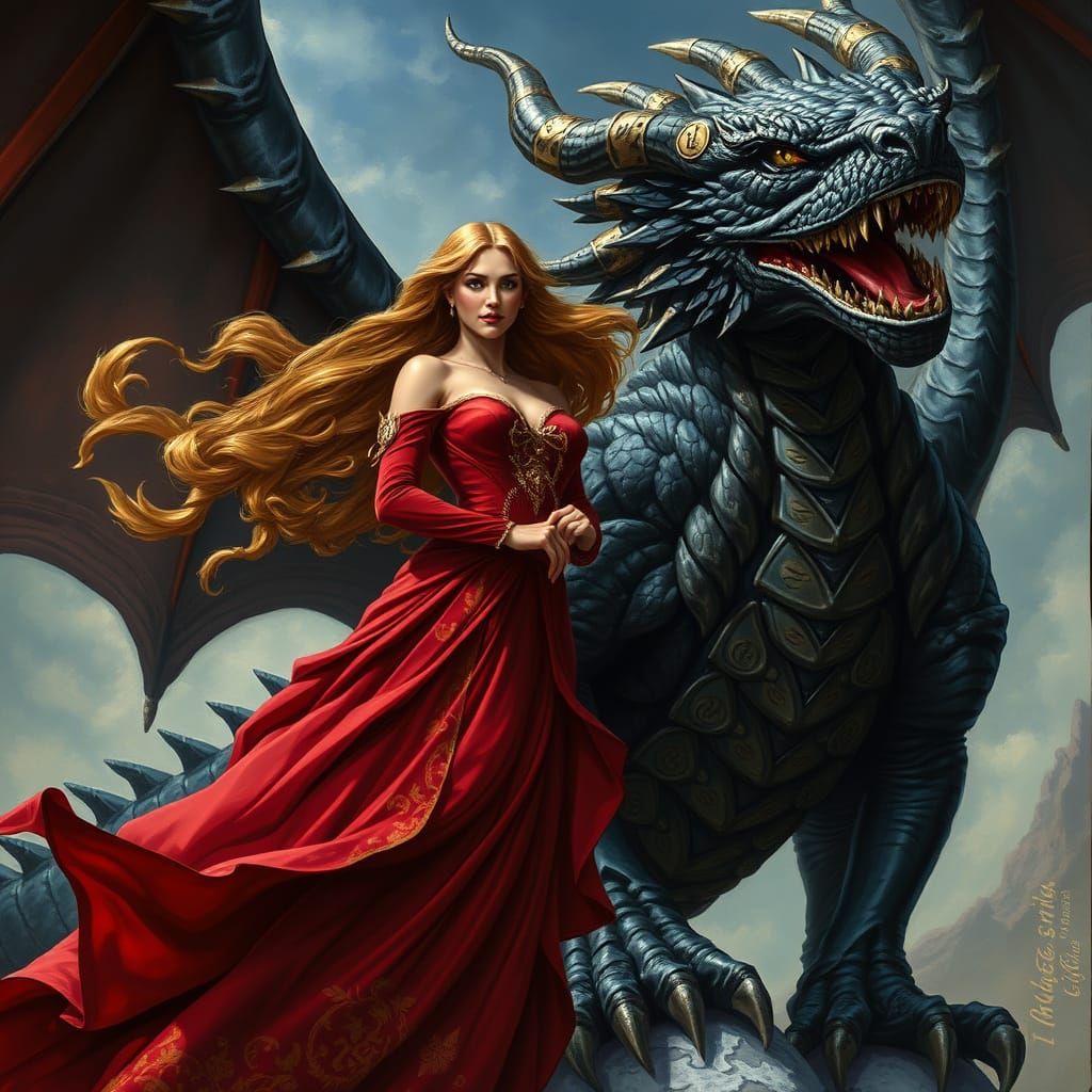 Majestic Black Dragon with Mistress in Fantasy Scene