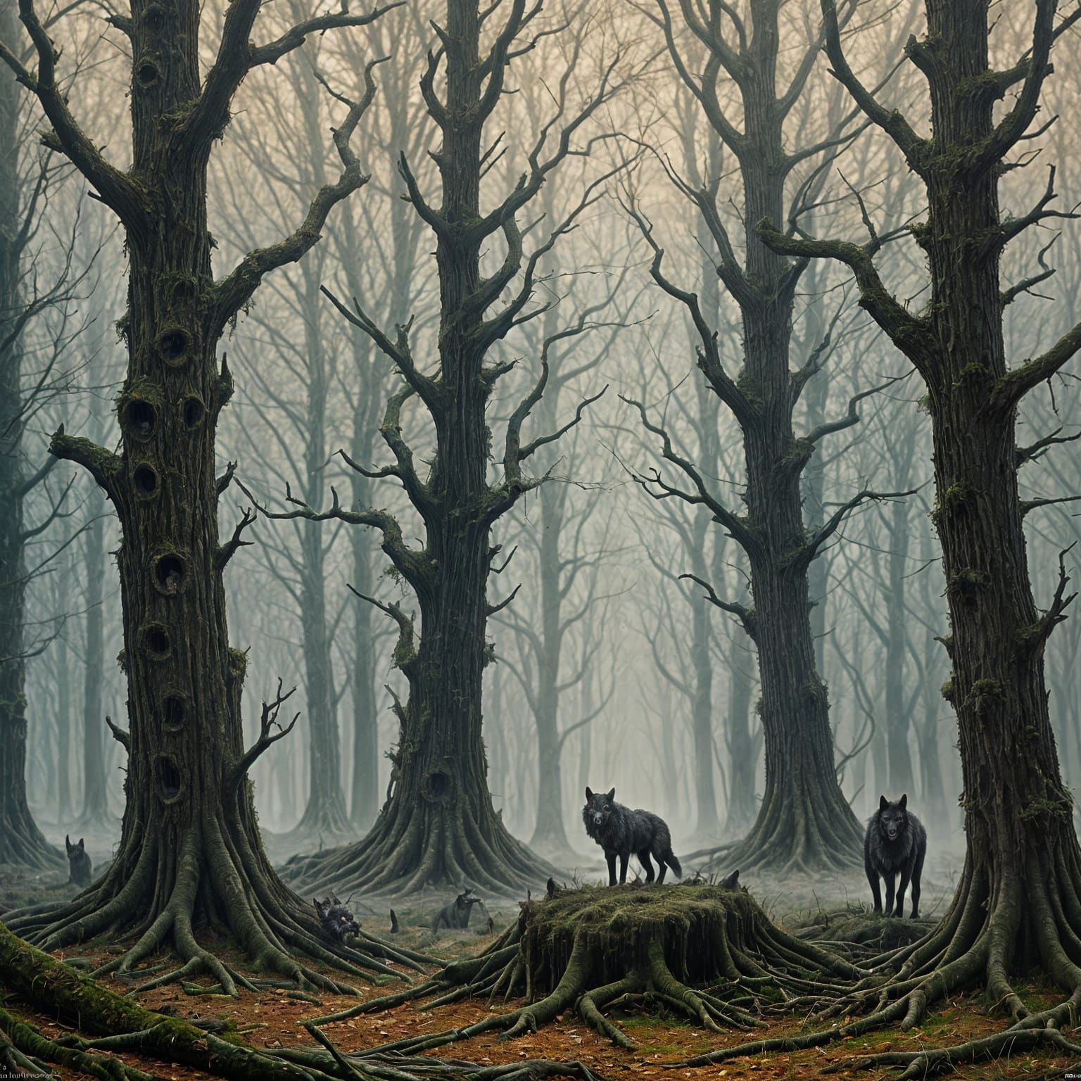 Grimdark Fantasy Wolves in a Dark Forest