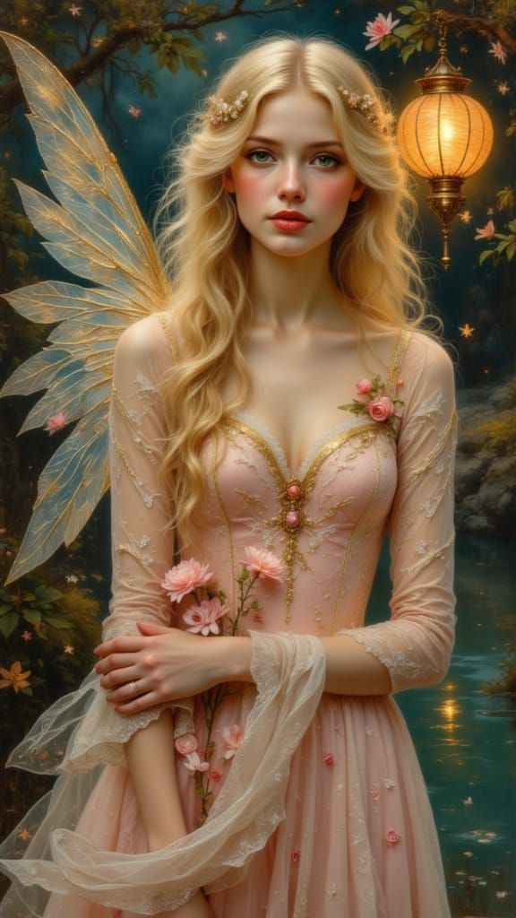 Ethereal Angel with Lantern, Pre-Raphaelite Style