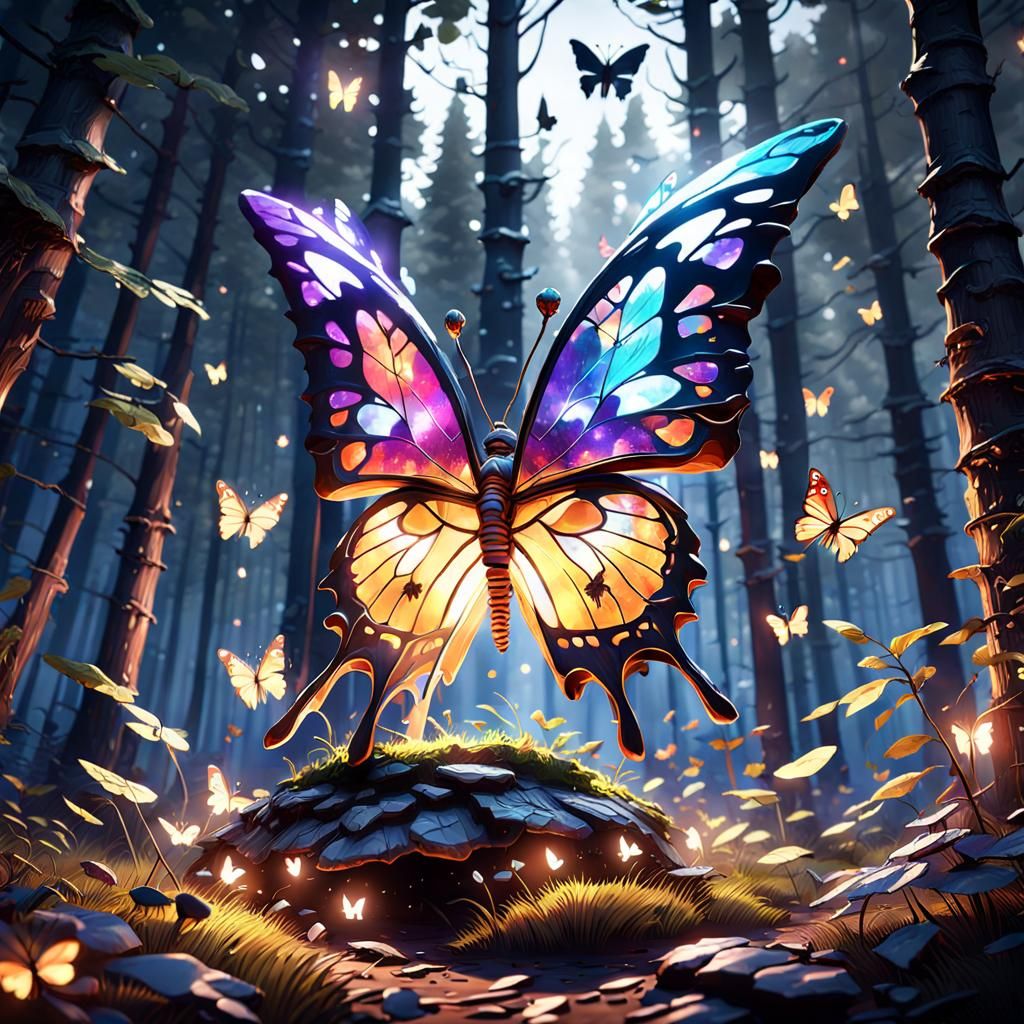 Glass Butterfly Sculpture in Spooky Forest