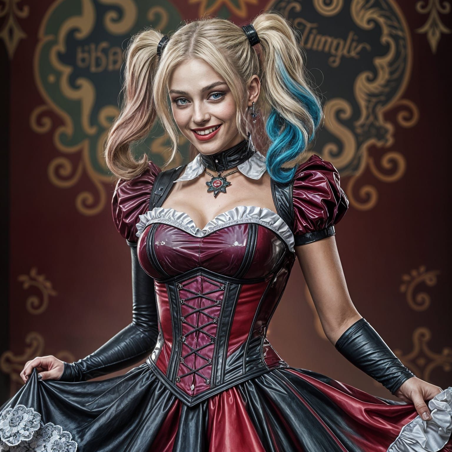 Harley Quinn in Victorian Latex Dress, Photorealistic