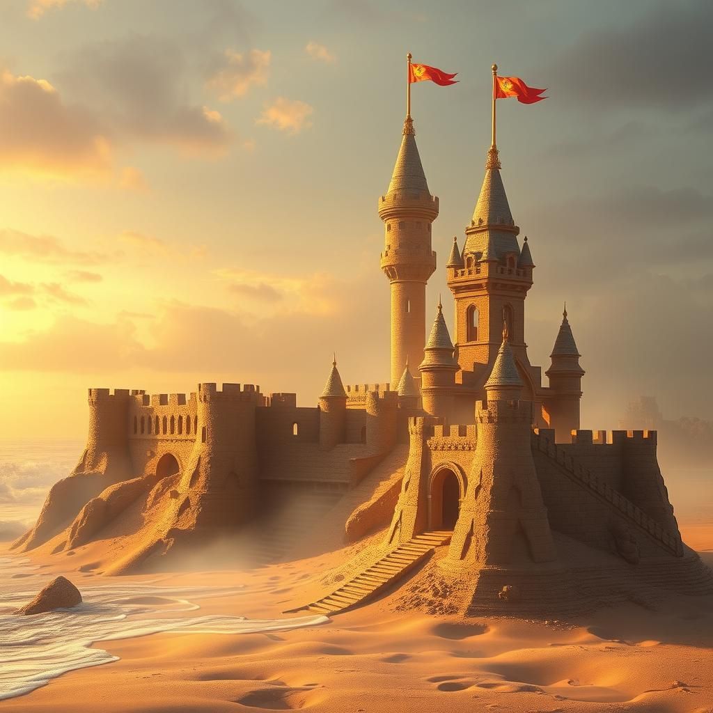 Majestic Sandcastle at Sunset in Pre-Raphaelite Style