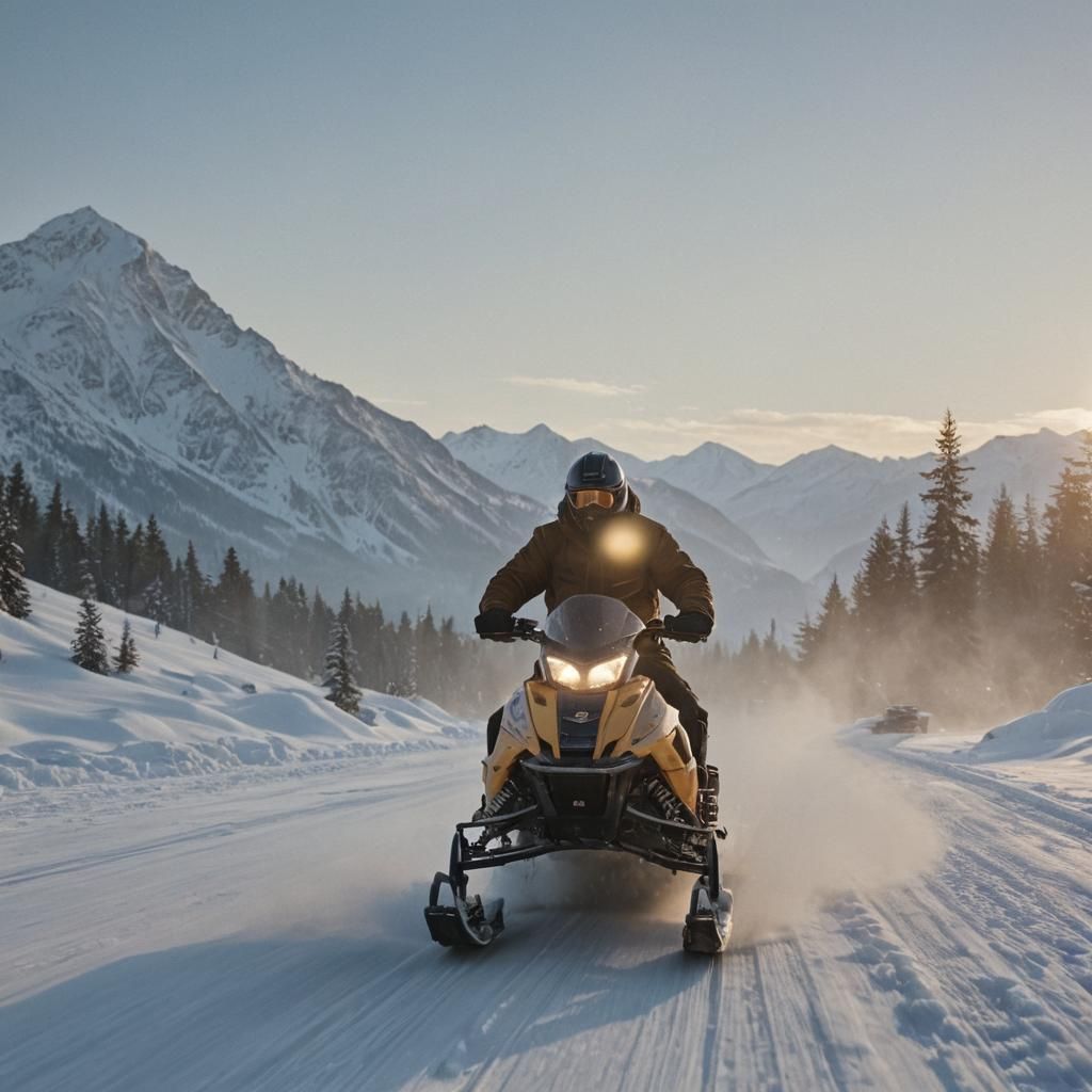 Snowmobile Action Shot with Golden Hour Glow