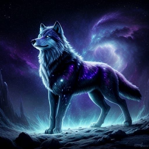 Majestic Wolf Howling at Cosmic Galaxy