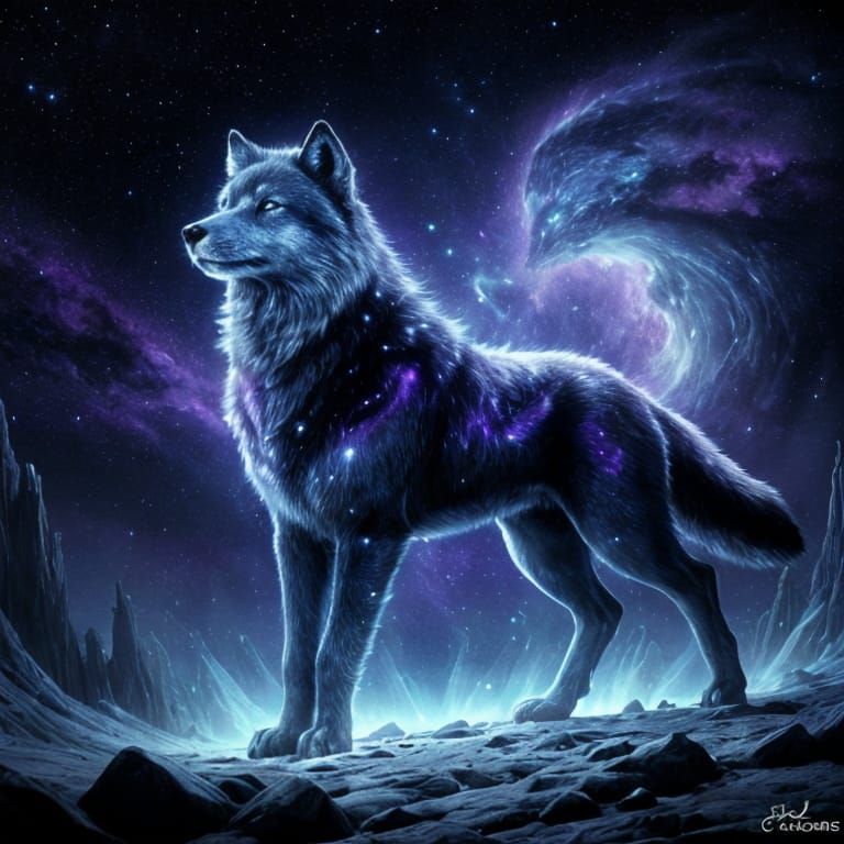Majestic Wolf Howling at Cosmic Galaxy