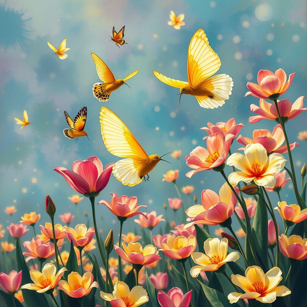 Butterflies in a Tulip Meadow: Impressionist Art Nouveau