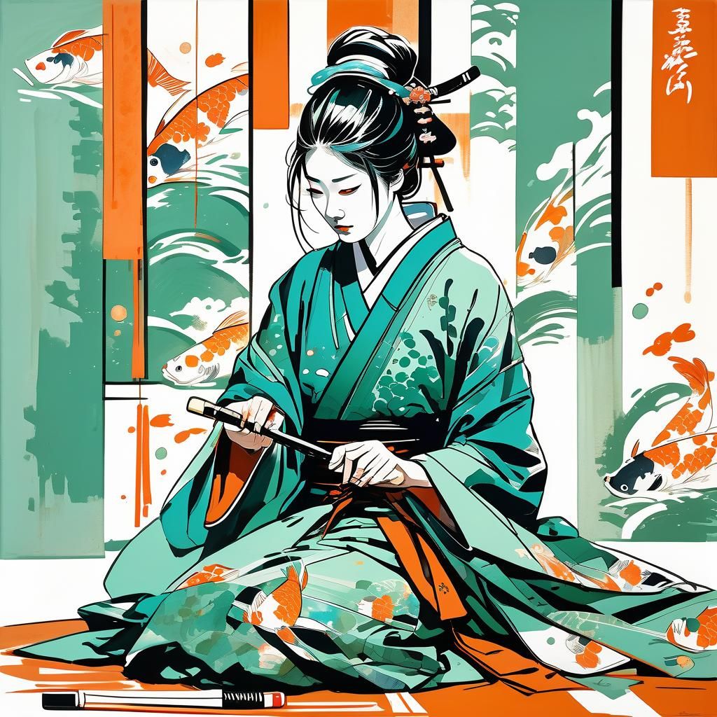 Medieval Samurai Prepares for Seppuku as Gouache Painting