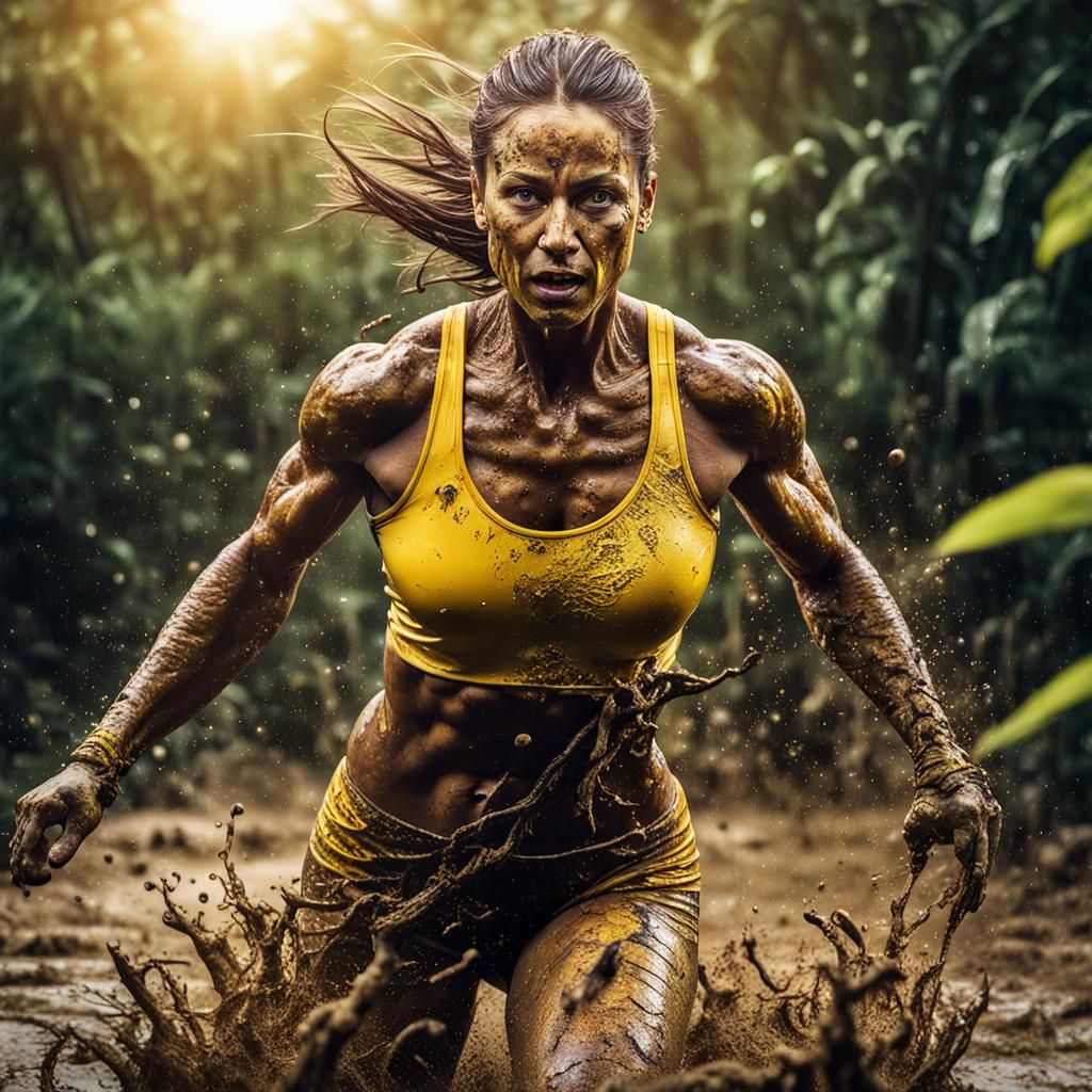 Female Bodybuilder Runs Through Mud Under Milky Way